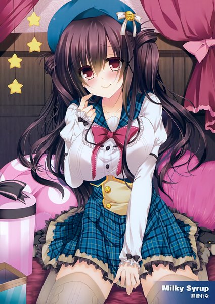 Anime picture 2482x3500 with original suzunone rena single long hair tall image looking at viewer highres light erotic smile red eyes purple hair scan official art girl thighhighs dress bowtie pillow star (symbol) x hair ornament