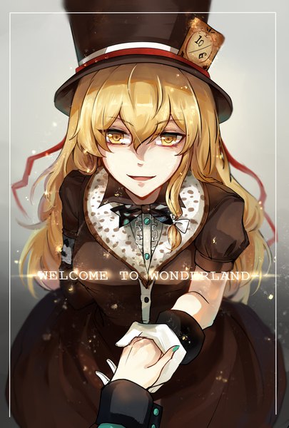 Anime picture 1181x1748 with alice in wonderland touhou kirisame marisa alice margatroid mad hatter aili (aliceandoz) long hair tall image looking at viewer fringe breasts open mouth blonde hair smile hair between eyes multiple girls yellow eyes long sleeves nail polish fingernails