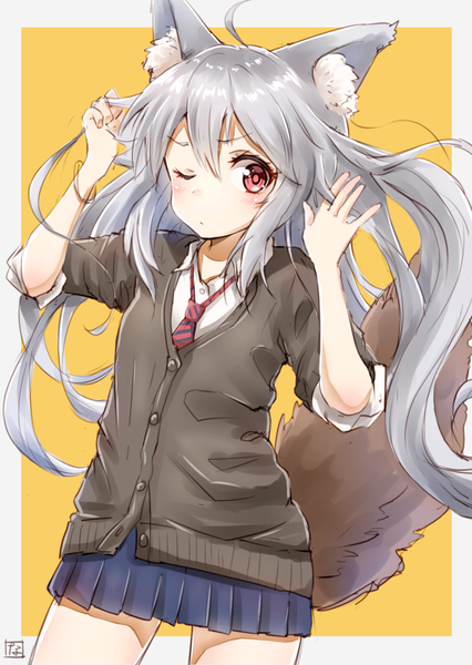 Anime picture 850x1198 with original nayuhi (yukimuu14) single long hair tall image blush fringe simple background hair between eyes red eyes animal ears payot looking away ahoge tail animal tail pleated skirt one eye closed grey hair border