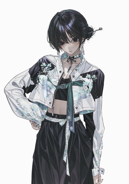 Anime picture 839x1200 with original wanke single tall image looking at viewer fringe short hair black hair simple background standing white background long sleeves black eyes hair over one eye open jacket midriff hand on hip floral print animal print fish print