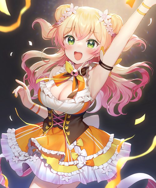 Anime picture 1250x1500 with virtual youtuber hololive momosuzu nene momosuzu nene (1st costume) momoshiki tsubaki single long hair tall image blush breasts open mouth light erotic blonde hair large breasts green eyes cleavage :d arm up hair bun (hair buns) two side up