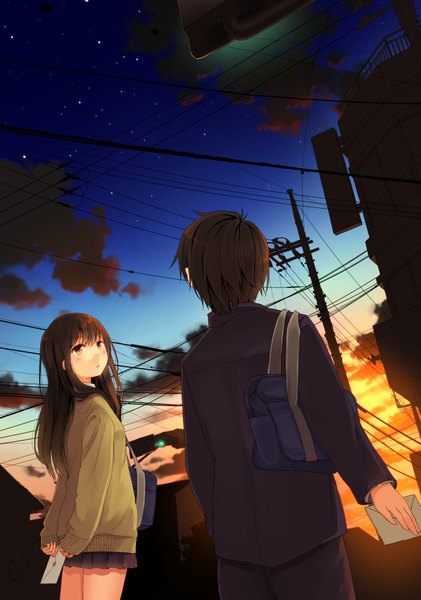 Anime picture 700x998 with original niichi (komorebi-palette) long hair tall image blush fringe short hair brown hair holding brown eyes looking away sky cloud (clouds) outdoors parted lips pleated skirt looking back from behind orange eyes dutch angle