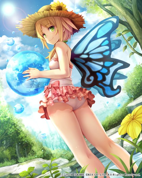 Anime picture 1800x2250 with lost crusade square enix namaru (summer dandy) single tall image looking at viewer highres short hair light erotic blonde hair green eyes sky cloud (clouds) from below lens flare insect wings butterfly wings girl flower (flowers) swimsuit