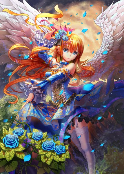 Anime picture 1024x1434 with original tako seijin (takos000) single long hair tall image looking at viewer fringe breasts blue eyes smile standing bare shoulders holding hair flower light smile orange hair angel wings white wings girl thighhighs
