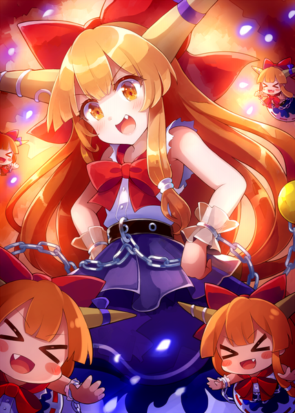 Anime picture 600x841 with touhou ibuki suika 60mai long hair tall image looking at viewer blush fringe open mouth blonde hair smile standing multiple girls yellow eyes payot blunt bangs eyes closed head tilt :d pleated skirt