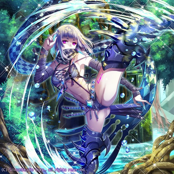 Anime picture 800x800 with original rinko (mg54) single looking at viewer short hair light erotic purple eyes white hair midriff legs girl navel underwear panties plant (plants) tree (trees) boots scarf thigh boots