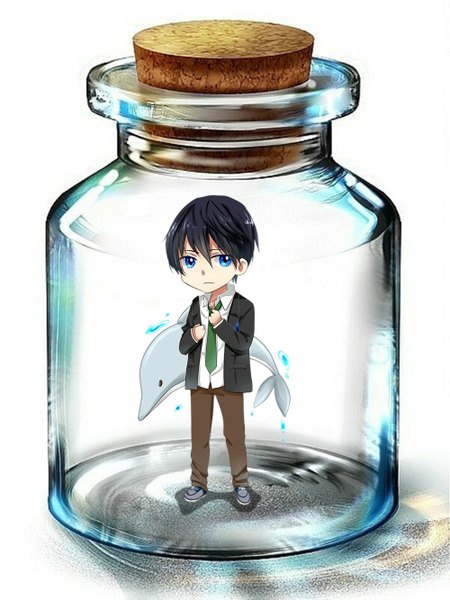 Anime picture 1000x1333 with free! kyoto animation nanase haruka (free!) single tall image looking at viewer short hair blue eyes black hair simple background standing white background chibi in bottle boy animal necktie bottle dolphin