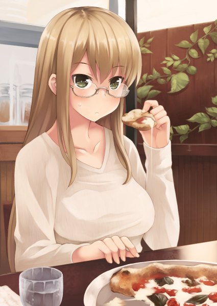 Anime picture 850x1200 with original oribe shiori kouno hikaru single long hair tall image looking at viewer blush blonde hair green eyes girl glasses food pizza