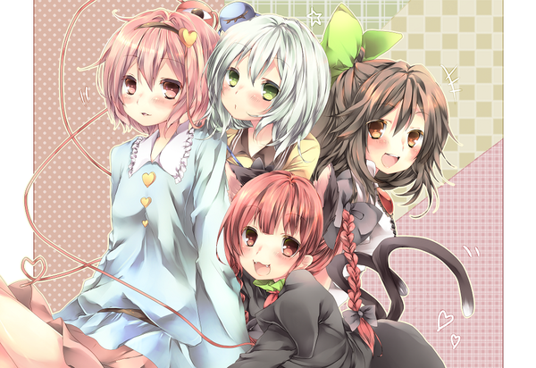 Anime picture 1008x693 with touhou komeiji koishi komeiji satori reiuji utsuho kaenbyou rin komeshiro kasu long hair blush short hair open mouth red eyes brown hair multiple girls animal ears yellow eyes white hair red hair braid (braids) cat ears cat girl