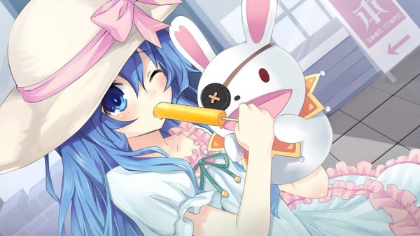 Anime picture 2500x1406 with date a live yoshino (date a live) yoshinon single long hair blush highres blue eyes wide image blue hair one eye closed wink girl dress hat food sweets toy stuffed animal ice cream