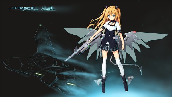 Anime picture 3555x2000 with original hagi (ame hagi) single long hair highres blue eyes blonde hair wide image two side up dark background mechanical wings girl thighhighs skirt hair ornament weapon white thighhighs wings boots gun