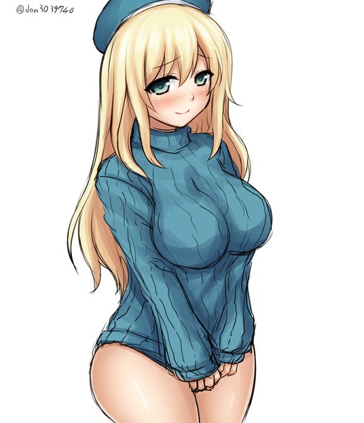 Anime picture 688x800 with kantai collection atago heavy cruiser don (29219) single long hair tall image looking at viewer blush breasts light erotic blonde hair simple background smile large breasts green eyes light smile embarrassed girl hat sweater