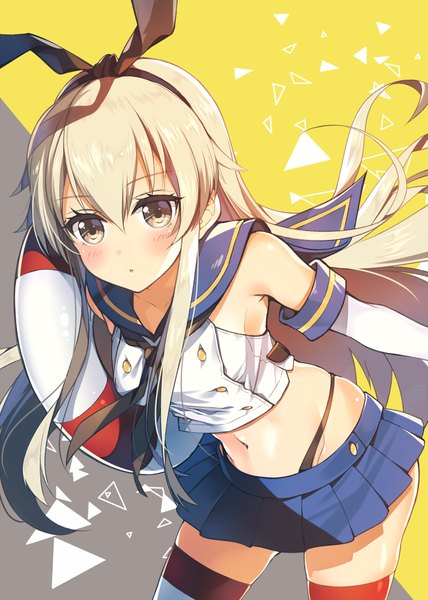 Anime picture 1000x1400 with kantai collection shimakaze destroyer necomi (gussan) single long hair tall image blush fringe light erotic blonde hair hair between eyes brown eyes pleated skirt grey background :o leaning leaning forward yellow background girl thighhighs