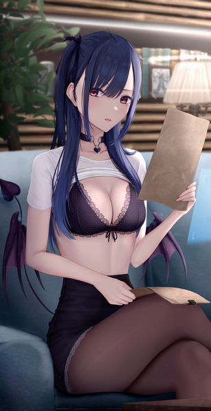 Anime-Bild 2103x4092 mit original inaka 44 single long hair tall image looking at viewer fringe highres breasts open mouth light erotic black hair hair between eyes red eyes sitting holding payot cleavage tail two side up