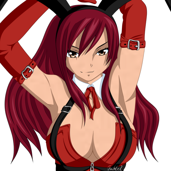 Anime picture 1200x1200 with fairy tail erza scarlet f4bl3-2 single long hair breasts light erotic brown eyes cleavage red hair light smile armpit (armpits) bunny ears coloring transparent background arms behind head girl detached sleeves