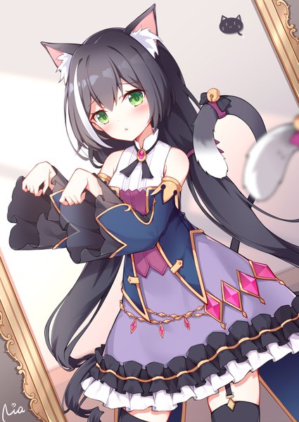Anime picture 2150x3035 with princess connect! re:dive princess connect! karyl (princess connect!) poinia single long hair tall image looking at viewer blush fringe highres black hair hair between eyes twintails bare shoulders green eyes signed animal ears tail long sleeves