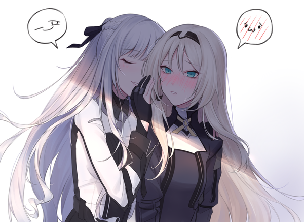 Anime picture 1447x1055 with girls frontline ak-12 (girls frontline) an-94 (girls frontline) qb 516 long hair blush fringe simple background blonde hair hair between eyes multiple girls payot looking away silver hair upper body blunt bangs braid (braids) eyes closed parted lips aqua eyes