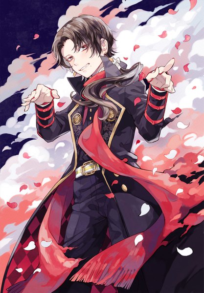 Anime picture 1051x1510 with touken ranbu nitroplus kashuu kiyomitsu makoto (roketto-massyumaro) single long hair tall image looking at viewer black hair red eyes standing from below low ponytail clenched teeth boy earrings petals belt scarf red scarf