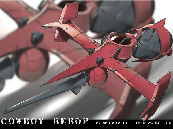 Anime picture 1152x864 with cowboy bebop sunrise (studio) swordfish ii yukari (konekonekozou) simple background grey background copyright name character names flying no people zoom layer aircraft airplane machinery jet