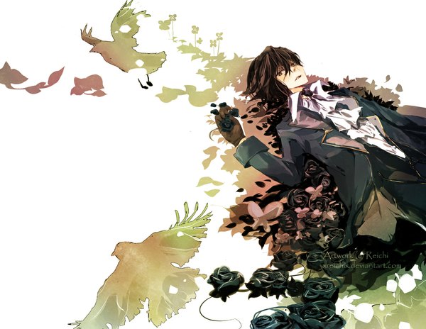 Anime picture 1061x821 with pandora hearts xebec gilbert nightray reichi (picorere) single short hair brown hair white background lying boy gloves flower (flowers) animal bird (birds) rose (roses) leaf (leaves) suit neckerchief