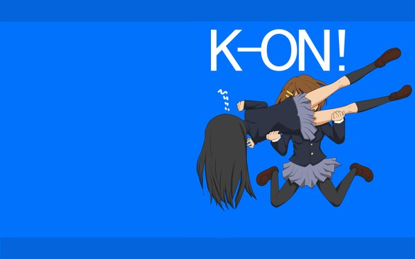 Anime picture 1920x1200 with k-on! detroit metal city kyoto animation akiyama mio hirasawa yui anison long hair highres short hair black hair simple background brown hair wide image multiple girls holding copyright name blue background third-party edit parody extended