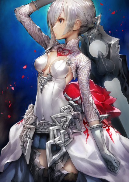 Anime picture 848x1200 with sinoalice snow white (sinoalice) matsuda (matsukichi) single long hair tall image breasts light erotic holding looking away cleavage silver hair profile arm up sparkle grey eyes girl dress skirt gloves