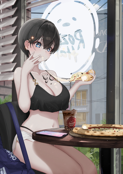 Anime picture 3000x4250 with original gwan-e single tall image fringe highres short hair breasts blue eyes light erotic hair between eyes large breasts sitting bare shoulders holding looking away indoors midriff tattoo thighs