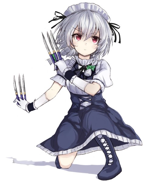 Anime picture 1350x1500 with touhou izayoi sakuya kou mashiro single tall image blush fringe short hair simple background white background looking away bent knee (knees) braid (braids) pink eyes grey hair shadow short sleeves maid twin braids fighting stance