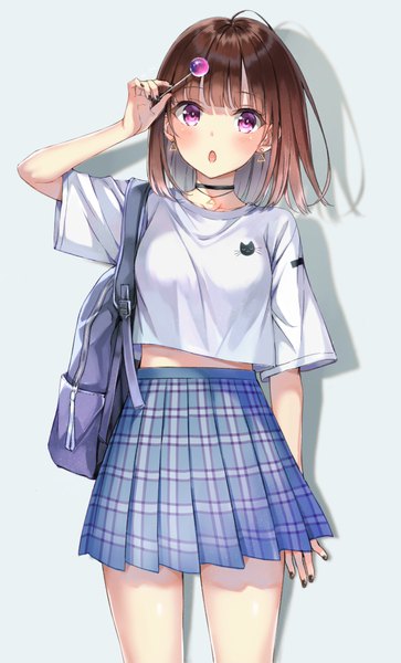 Anime picture 605x1000 with original higeneko single tall image looking at viewer blush fringe short hair open mouth simple background brown hair standing purple eyes holding nail polish pleated skirt arm up fingernails shadow plaid skirt