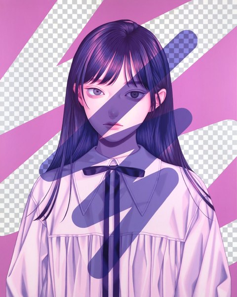 Anime picture 1638x2048 with original konno mayumi single long hair tall image looking at viewer purple hair head tilt lips realistic grey eyes expressionless traditional media abstract acrylic paint (medium) girl ribbon (ribbons) blouse