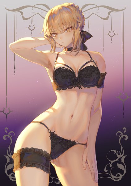 Anime picture 1447x2047 with fate (series) fate/grand order artoria pendragon (all) saber alter mashuu (neko no oyashiro) single tall image looking at viewer fringe short hair breasts light erotic simple background blonde hair hair between eyes standing yellow eyes payot arm up armpit (armpits)