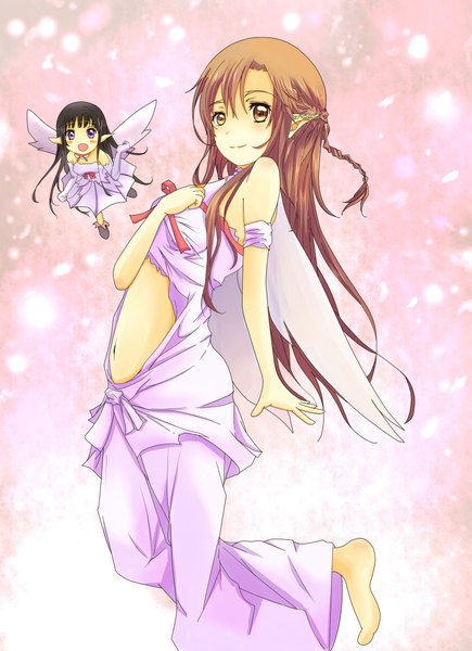 Anime picture 1696x2336 with sword art online a-1 pictures yuuki asuna yui (sao) titania (alo) odamanoe long hair tall image blush open mouth black hair brown hair purple eyes multiple girls brown eyes pointy ears fairy girl dress navel