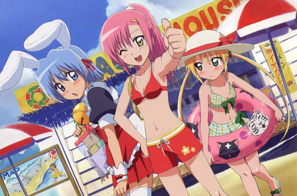 Anime picture 2725x1800 with hayate no gotoku! katsura hinagiku sanzenin nagi ayasaki hayate highres scan bunny ears otoko no ko swimsuit bikini red bikini plaid bikini