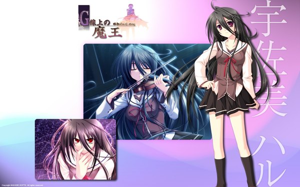Anime picture 1680x1050 with g senjou no maou usami haru long hair black hair red eyes wide image ahoge girl serafuku musical instrument violin bow (instrument)