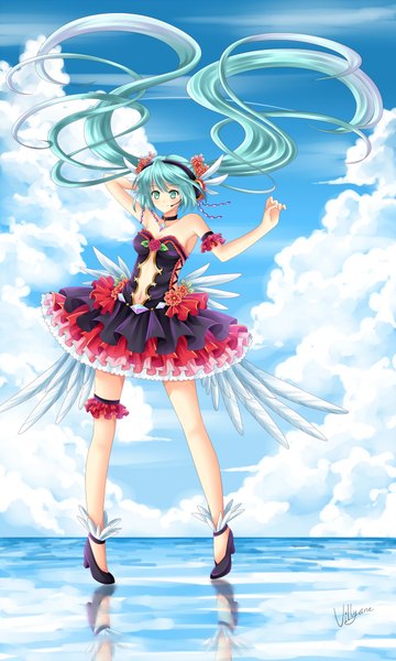 Anime picture 1200x1999 with vocaloid hatsune miku villyane single tall image smile twintails bare shoulders signed sky cloud (clouds) very long hair barefoot aqua eyes aqua hair arms up arms behind head white wings girl skirt