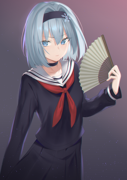 Anime picture 2480x3508 with ryuuou no oshigoto! sora ginko yunyunzhi single tall image fringe highres short hair hair between eyes standing holding looking away silver hair wind gradient background silver eyes anaglyph girl uniform hair ornament