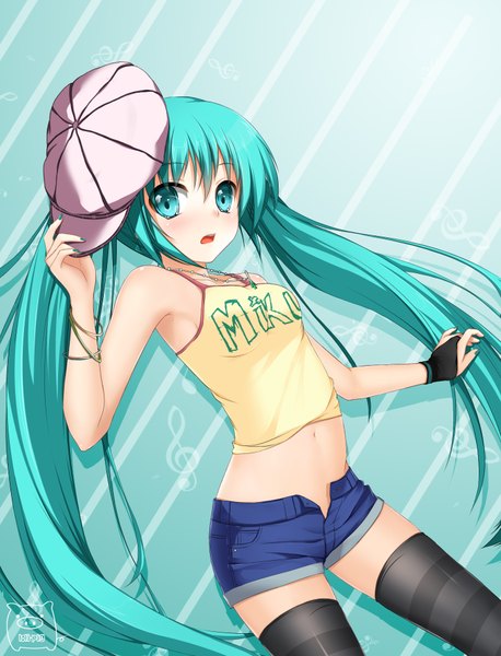Anime picture 1450x1900 with vocaloid hatsune miku inoshishi single tall image open mouth twintails very long hair aqua eyes aqua hair midriff girl thighhighs navel shorts bracelet striped thighhighs flat cap