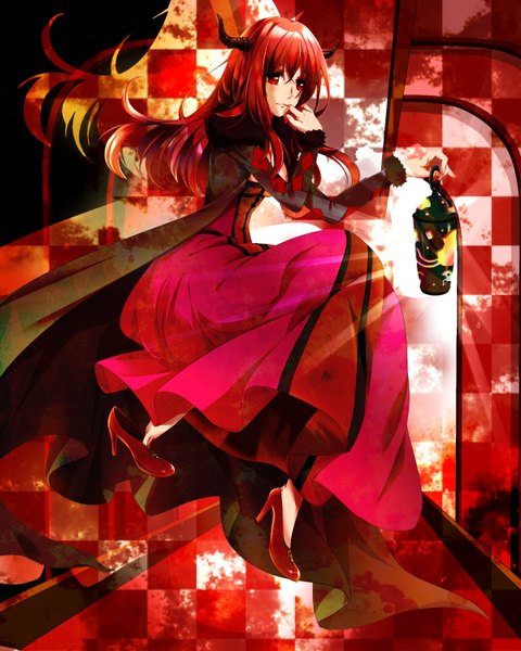 Anime picture 1200x1500 with maoyuu maou yuusha arms corporation maou (maoyuu) ririnko single long hair tall image looking at viewer fringe breasts red eyes holding red hair horn (horns) light smile high heels girl dress shoes lamp