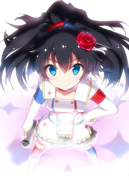 Anime picture 858x1200 with idolmaster idolmaster movie ganaha hibiki sagamihara sakyou single long hair tall image looking at viewer blue eyes black hair smile ponytail from above hand on hip different thighhighs girl thighhighs skirt flower (flowers) miniskirt