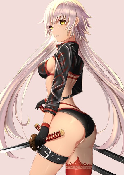 Anime picture 763x1080 with fate (series) fate/grand order jeanne d'arc (fate) (all) jeanne d'arc alter (fate) jeanne d'arc alter (swimsuit berserker) (fate) xian yu single long hair tall image looking at viewer fringe breasts light erotic simple background hair between eyes standing holding silver hair ass looking back
