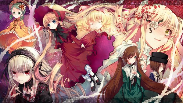 Anime picture 1920x1080 with rozen maiden suigintou shinku suiseiseki souseiseki hina ichigo kirakishou kanaria tsukasa kinako long hair looking at viewer blush highres short hair open mouth blue eyes blonde hair smile brown hair wide image