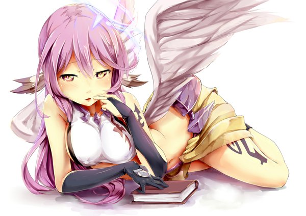 Anime picture 1024x724 with no game no life madhouse jibril (no game no life) pack er 5 single long hair blush fringe breasts open mouth light erotic simple background large breasts white background bare shoulders pink hair pink eyes bare belly bare legs tattoo