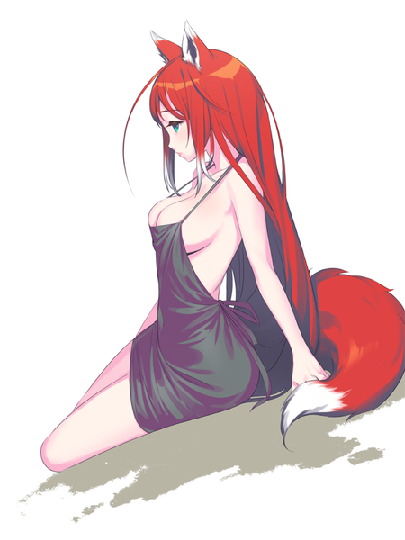 Anime picture 600x800 with original fishkitty single long hair tall image blush fringe breasts light erotic simple background large breasts white background sitting green eyes animal ears ahoge red hair tail animal tail profile