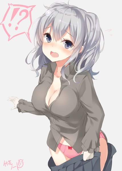 Anime-Bild 714x1000 mit kantai collection kashima training cruiser takehana note single long hair tall image looking at viewer blush fringe breasts open mouth light erotic hair between eyes large breasts purple eyes twintails holding signed payot silver hair