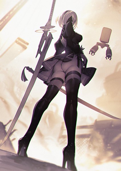 Anime picture 1240x1754 with nier nier:automata yorha no. 2 type b pod (nier:automata) pen (steelleets) single tall image short hair breasts light erotic large breasts holding ass white hair looking back blurry from below high heels puffy sleeves anaglyph