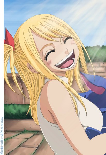 Anime picture 1024x1500 with fairy tail lucy heartfilia happy (fairy tail) phoenixroy long hair tall image blush open mouth blonde hair smile sky eyes closed one side up coloring girl animal cat