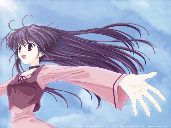 Anime picture 1600x1200 with sola shihou matsuri nanao naru single long hair open mouth smile purple eyes looking away sky purple hair inscription text spread arms girl collar