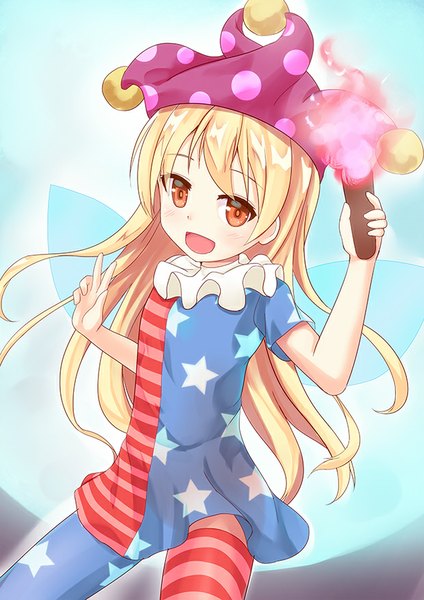 Anime picture 620x877 with touhou clownpiece niiya single long hair tall image looking at viewer blush fringe open mouth blonde hair from above orange eyes loli victory star print girl hat star (symbol) torch