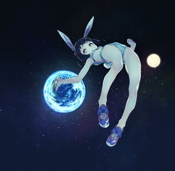 Anime picture 2000x1955 with original subachi single highres short hair light erotic black hair animal ears yellow eyes tail animal tail :o bunny ears jumping bunny tail space girl bow hair bow earrings