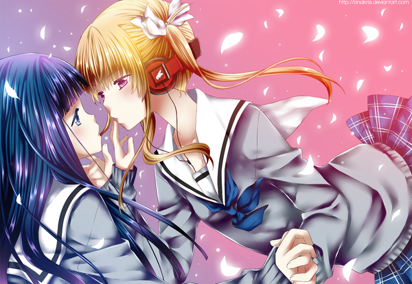 Anime picture 1200x828 with cross heart (manga) anakris long hair blush blue eyes blonde hair twintails multiple girls blue hair pleated skirt pink eyes holding hands shoujo ai pink background face to face girl skirt uniform bow 2 girls